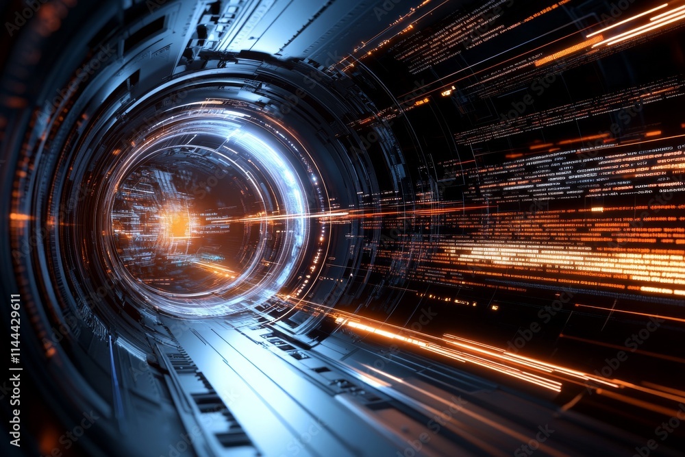 Poster digital tunnel with glowing lights and data streams creating a futuristic visual effect