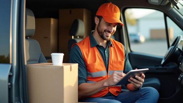 Smiling delivery driver in his van, using a tablet to check his orders. He's wearing an orange safety vest and a cap.