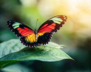 Fototapeta premium Butterfly on a leaf with vibrant wings, soft lighting, serene garden setup