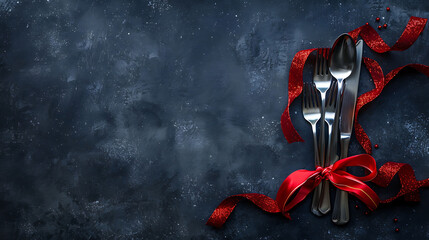 Elegant Festive Dining Table Setting with Silverware and Ribbon