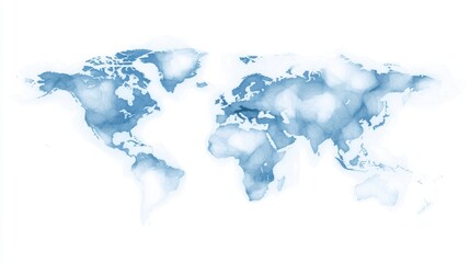 A soft, watercolor-style world map in blue tones, depicting continents with cloud-like accents against a white background.