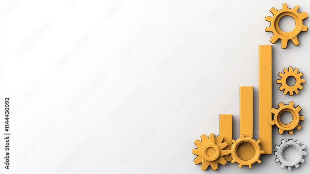 Poster a graphic representation of increasing growth, featuring bars and gears in a dynamic layout, symboli