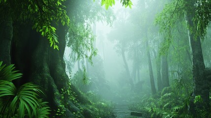 Obraz premium Lush Green Jungle with Mist and Dense Foliage in Serene Forest Landscape