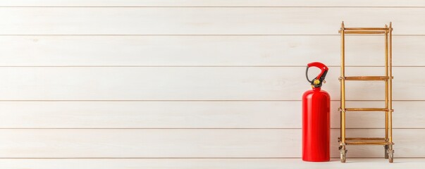 A red fire extinguisher stands next to a wooden ladder against a light wooden wall, symbolizing safety and preparedness.