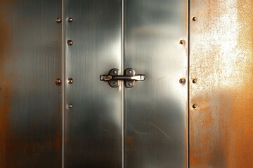 Metallic door with a sleek handle set against a rust-colored background in a modern industrial space