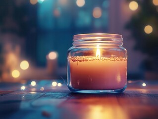 Candle in jar with vibrant glow, soft lighting, cozy home setting