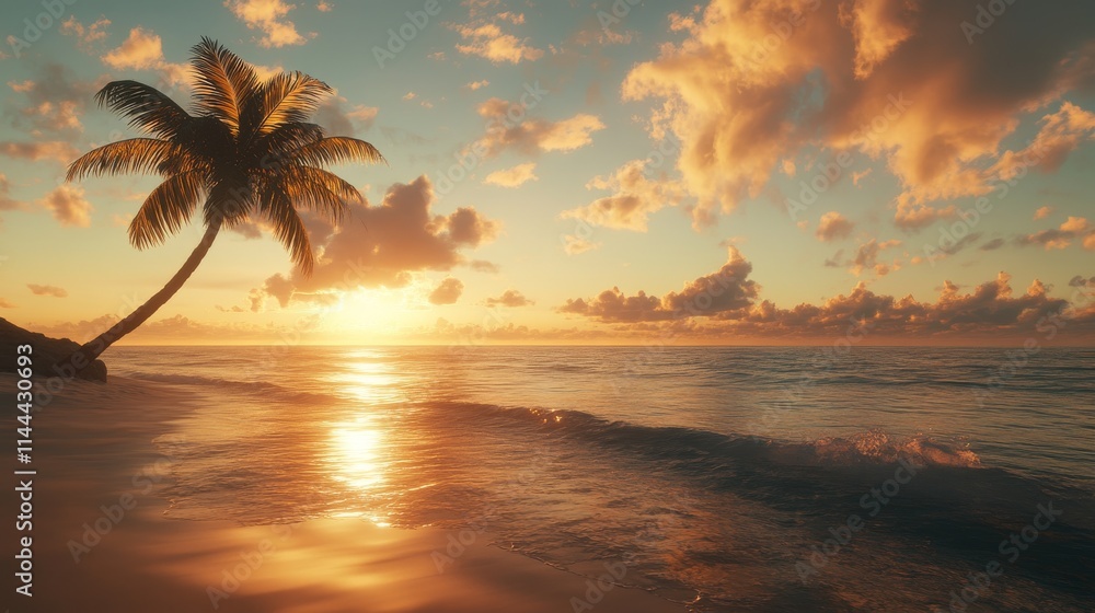 Poster a vibrant tropical sunset with dynamic clouds and shimmering ocean waves. the silhouetted palm tree 