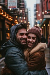 Obraz premium A couple embracing on a rainy night in the city. They are laughing and enjoying each other's company amidst the urban lights.