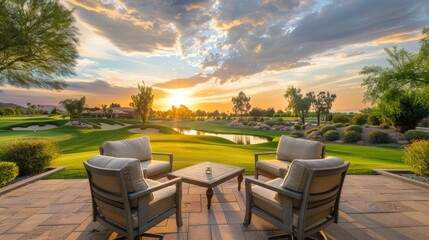Fototapeta premium Chairs on patio overlooking golf course at sunset with swimming pool in background. Comfortable resort vacation spot.