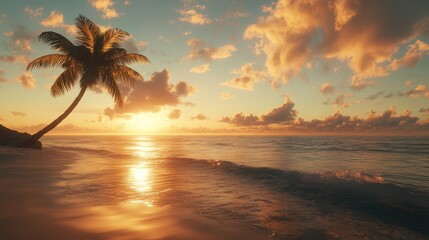 A vibrant tropical sunset with dynamic clouds and shimmering ocean waves. The silhouetted palm tree adds depth to this idyllic scene, evoking feelings of tranquility and wanderlust.. AI Generation