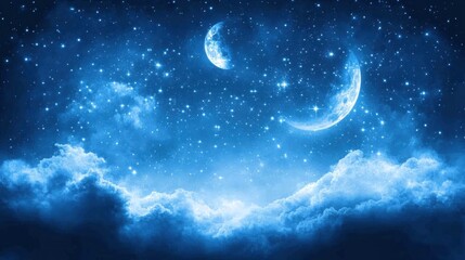 Fototapeta premium Night sky with two moons, stars, and clouds.