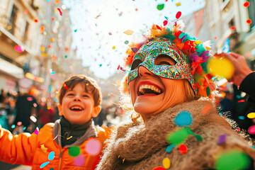 Smiling elderly woman with her grandson celebrating carnival on the street