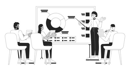 Office workers analytical meeting black and white 2D line characters. Whiteboard data presenter woman, diverse colleagues taking notes isolated vector outline people. Monochromatic spot illustration