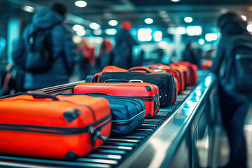 Suitcases on a conveyor belt at an airport
