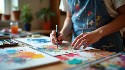 Fototapeta premium A young woman artist paints with vibrant colors on a sketchbook in her art studio. The paint splatters on her overalls show her passion for art.