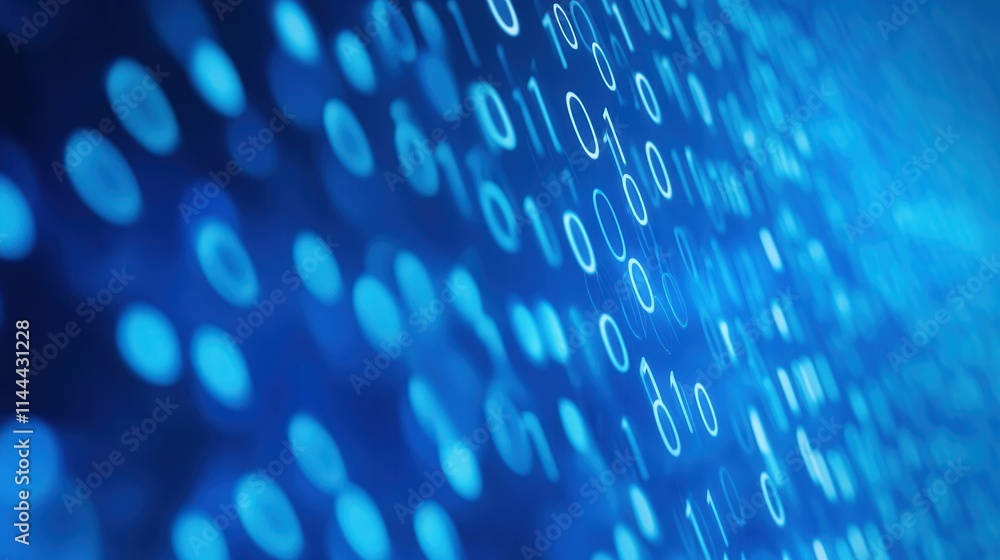 Poster abstract blue digital background with binary code and glowing circles