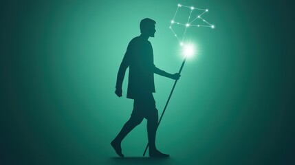 Naklejka premium Silhouette of a Person Walking with a Magical Staff in Green Light