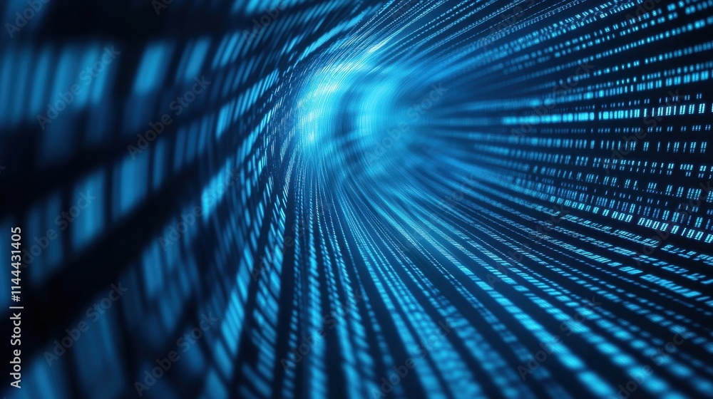 Poster abstract digital tunnel with blue light and binary code flowing inside