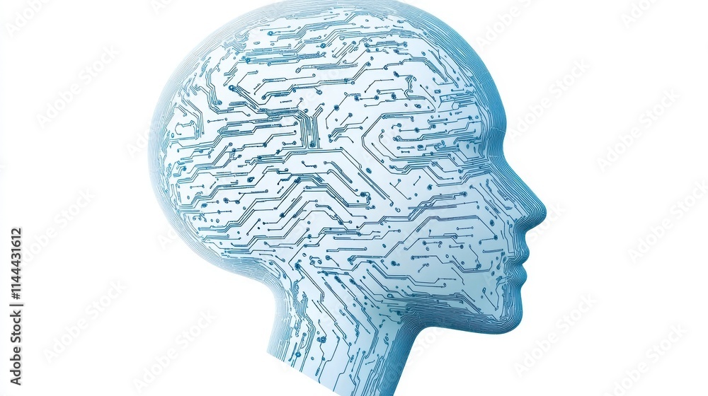 Poster a stylized human head made of circuit patterns, symbolizing the intersection of technology and artif