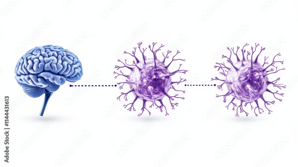 Poster a brain connects to virus cells, illustrating the relationship between neurological functions and im