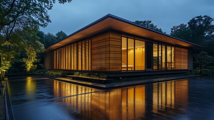 雨上がりの夜に浮かぶ木製ルーバーの家