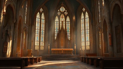 Obraz premium Sunlit Gothic Church Interior Altar And Pews