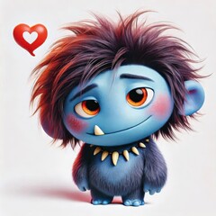 A delightful blue creature with striking wild hair and a mischievous grin stands confidently, accompanied by a whimsical heart symbol above its head, radiating joy and creativity