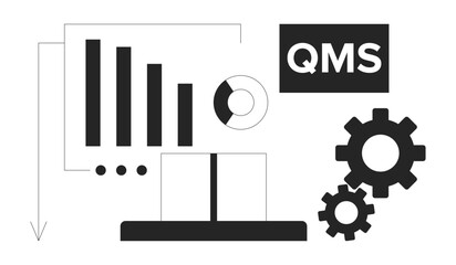 Quality management system with data visualization black and white 2D illustration concept. QMS, graphs, charts, gears and package outline composition isolated. Metaphor monochrome vector art