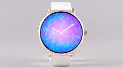 A stylish watch featuring a vibrant, colorful display with a white strap, perfect for modern fashion enthusiasts.