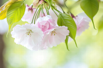 Obraz premium Delicate pink and white cherry blossoms with green leaves in soft sunlight