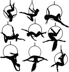 Aerial female gymnast silhouette in hoop. Aerial gymnastics stunt. Vector illustration isolated on white background