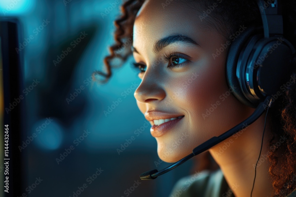 Poster a woman wearing headphones and smiling, focusing on a computer screen with her eyes. she seems to be