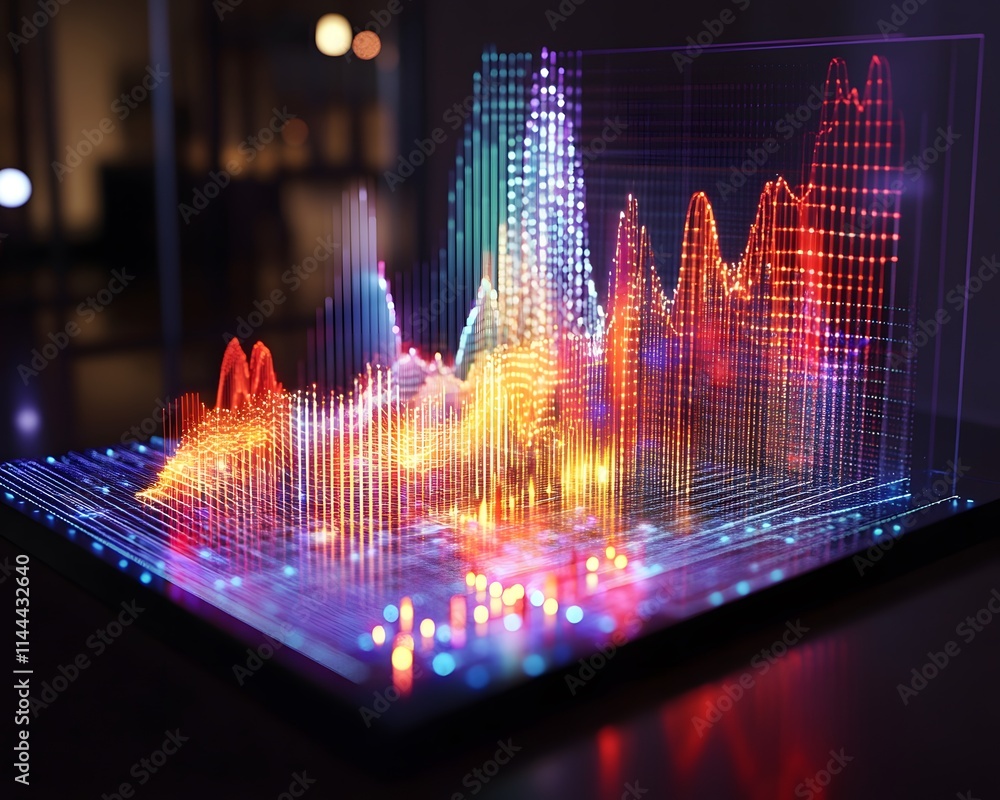 Poster a stunning 3d holographic visualization of data trends, showcasing vibrant colors and intricate patt