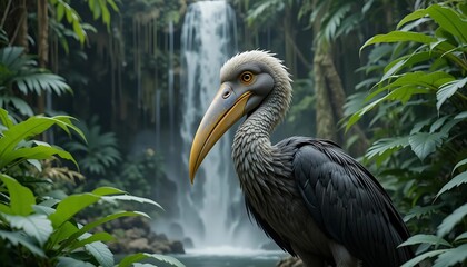 Obraz premium Serene Jungle Bird: A Grey and Gold Toucan near a Waterfall