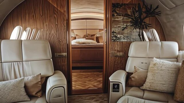 Luxury Private Jet Interior: A glimpse into the opulent world of private travel. The plush leather seats, elegant wood paneling.