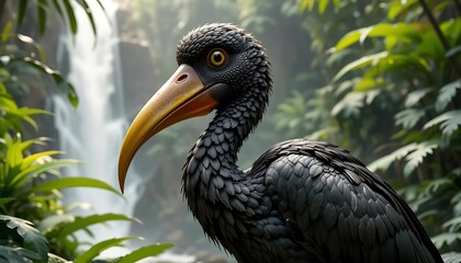 Obraz premium Black Bird Portrait: Lush Rainforest Waterfall Backdrop