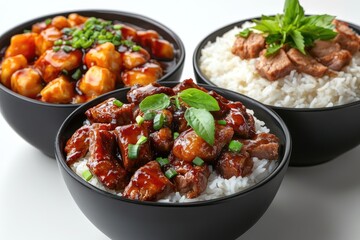 Tasty beef stew with white rice and herbs in black bowls