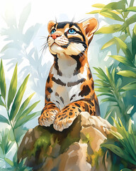 Cute Clouded Leopard Cub Gazing Upward in Lush Jungle for Children's Book Illustration.