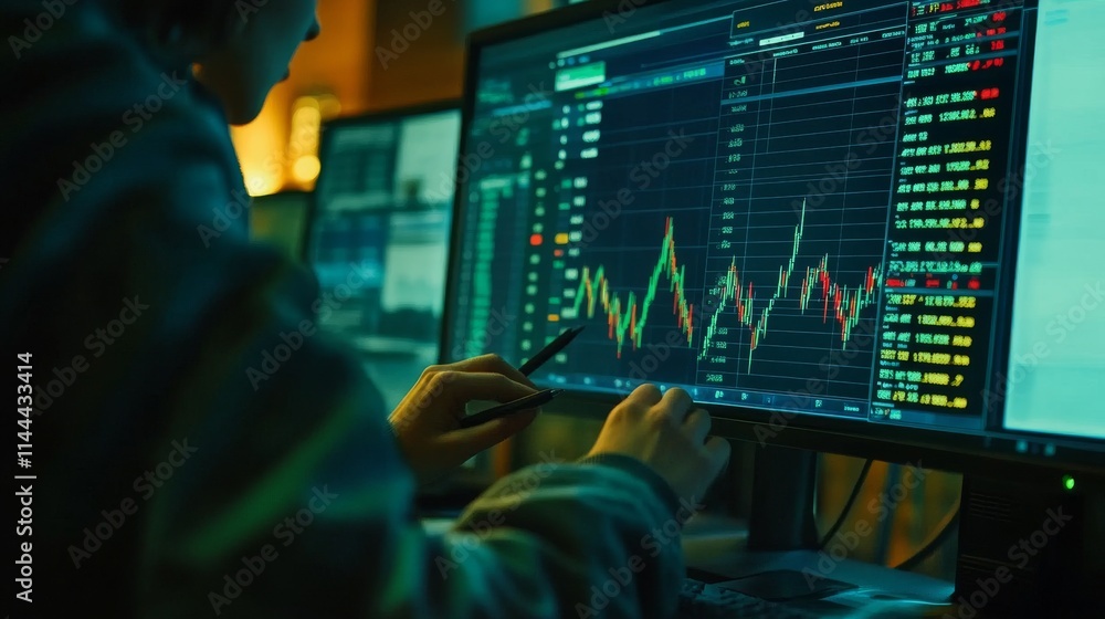 Poster a professional trader closely examining financial graphs on dual monitors, showcasing fluctuating st