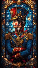 Fototapeta premium Stained glass nutcracker soldier gazing into christmas lights
