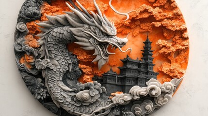 Majestic asian dragon guarding ancient temple in a round orange and grey bas-relief