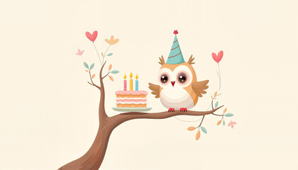 Fototapeta premium Adorable Owlet Celebrating Birthday with a Cake, Festive Atmosphere