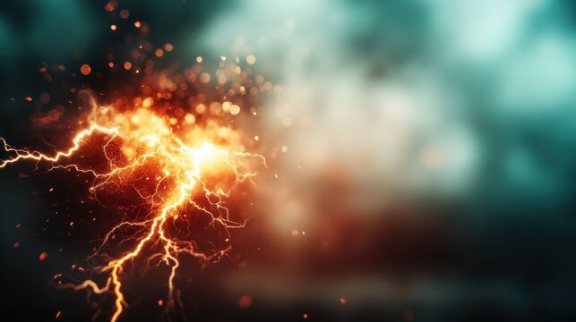 A fiery abstract blend of vibrant orange and blue hues, resembling an explosion of energy with electric sparks, conveying intensity and dynamic vibrancy.