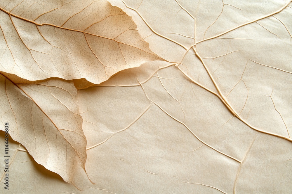 Poster Detailed view of dried leaves on textured paper showing intricate veining patterns and subtle color variations in natural light