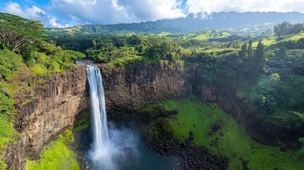 Wailua falls cascading down a cliff into a pond in kauai, hawaii