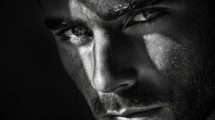 Obraz premium A dramatic black-and-white portrait with intense shadows and highlights on the subjectâ€™s face.