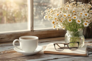 Cozy morning with coffee, flowers, and reading by the window in a sunlit room