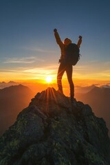A person climbing a mountain peak at sunrise, with a backpack on, celebrating a successful climb with a triumphant pose.