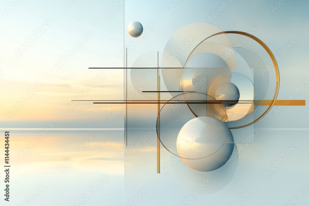 Poster abstract geometric composition with spheres and lines against a calming background at sunset
