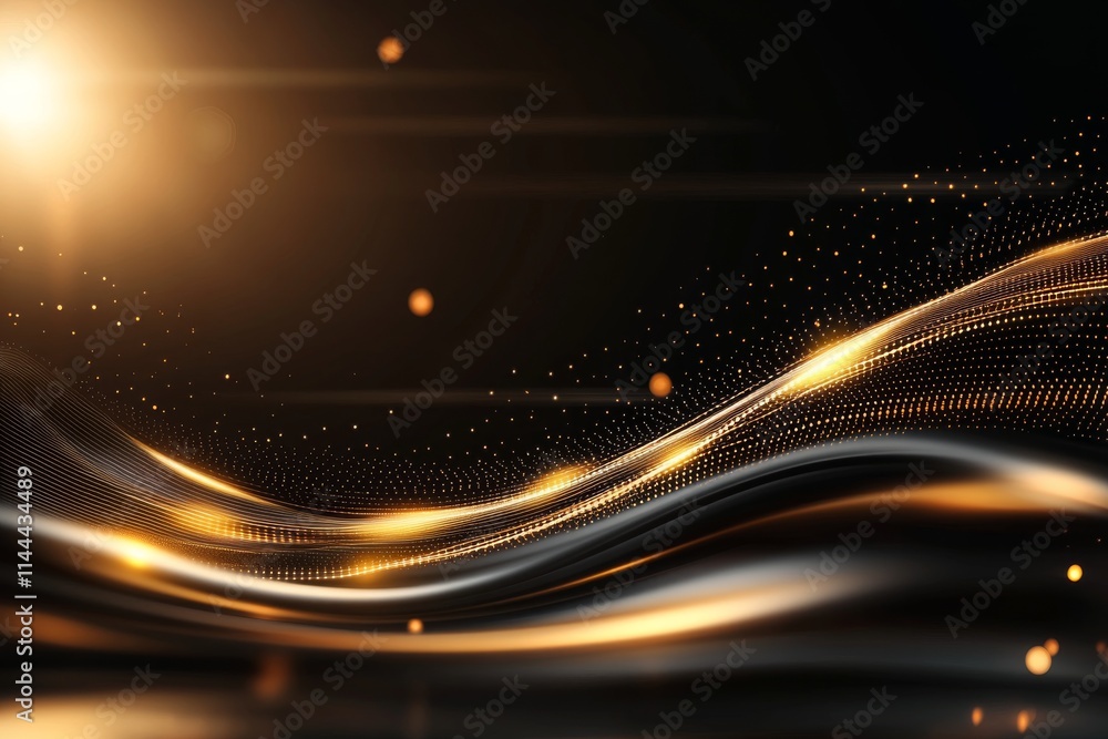 Poster radiant golden waves flow across a dark background exhibiting shimmering patterns and captivating li